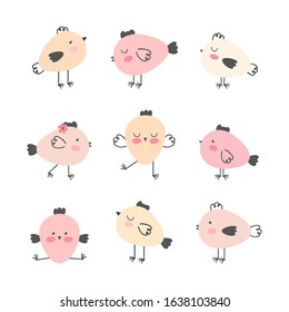 Set of cute cartoon Easter chickens in various poses isolated on a white background. Collection of Easter elements for spring holiday design. Vector hand drawn illustration. Pastel palette