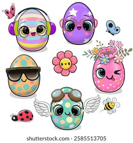 Set of Cute Cartoon Easter Eggs with accessories on a white background
