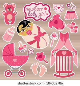 A set of cute cartoon elements for Asian newborn baby girl. Baby cartoon icons,scrapbooking elements in Strips background.Vector illustration