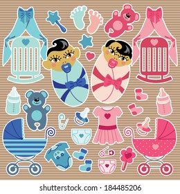 A set of cute cartoon elements for Asian newborn baby twins girl and boy.Baby cartoon icons,scrapbooking elements in Strips background.Vector illustration