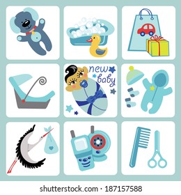 A set of cute cartoon elements for Asian newborn baby boy. Baby cartoon icons,scrapbooking elements .Vector illustration