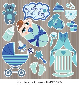A set of cute cartoon elements for European newborn baby boy. Baby cartoon icons,scrapbooking elements in Strips background.Vector illustration