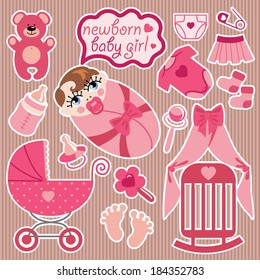 A set of cute cartoon elements for European newborn baby girl. Baby cartoon icons,scrapbooking elements in Strips background.Vector illustration