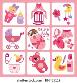 A set of cute cartoon elements for European newborn baby girl. Baby cartoon icons,scrapbooking elements in Strips background.Vector illustration