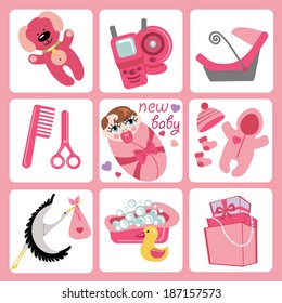 A set of cute cartoon elements for European newborn baby girl. Baby cartoon icons,scrapbooking elements .Vector illustration