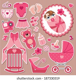 A set of cute cartoon elements for European newborn baby girl .Baby cartoon icons,scrapbooking elements in Strips background.Vector illustration