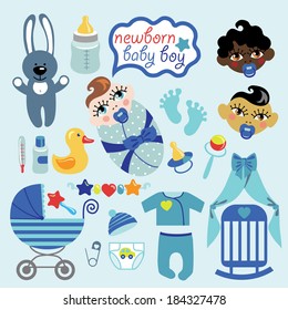 A set of cute cartoon elements for newborn baby boy. Baby cartoon icons for little boy.Vector illustration