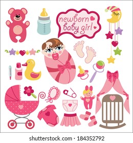 A set of cute cartoon elements for newborn baby girl. Baby cartoon icons for little girl.Vector illustration