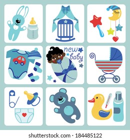 A set of cute cartoon elements for newborn baby girl. Baby cartoon icons,scrapbooking elements in Strips background.Vector illustration