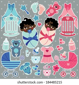 A set of cute cartoon elements for newborn baby twins girl and boy. Baby cartoon icons,scrapbooking elements in Strips background.Vector illustration