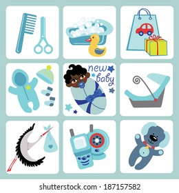 A set of cute cartoon elements for newborn baby boy. Baby cartoon icons,scrapbooking elements .Vector illustration