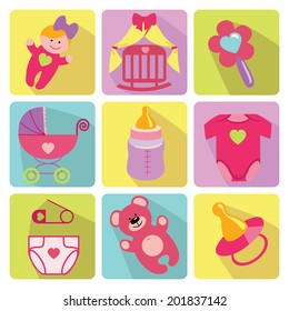 A Set Of Cute Cartoon Elements For Newborn Baby Girl.Nine Colored Baby Cartoon Icons With Long Shadow.Use For Web Or Mobile Phone.Vector Illustration