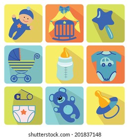 A Set Of Cute Cartoon Elements For Newborn Baby Girl.Nine Colored Baby Cartoon Icons With Long Shadow.Use For Web Or Mobile Phone.Vector Illustration