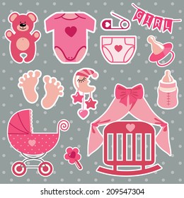 A set of cute cartoon elements for newborn baby girl.Baby cartoon icons,clipart,scrapbooking elements in polka dot  background.Vector illustration