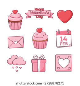 A set of cute cartoon elements for Valentine's Day, including cupcakes, hearts, gift box, calendar, and more. Perfect for adding a sweet touch to your designs.