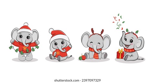 set of Cute cartoon elephant cub isolated on white background. Christmas card with funny elephant and gift. Vector illustration