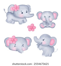 Set of Cute Cartoon Elephant Illustration .