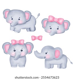 Set of Cute Cartoon Elephant Illustration .