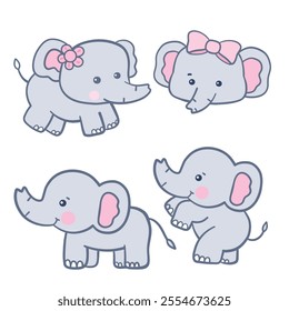 Set of Cute Cartoon Elephant Illustration .