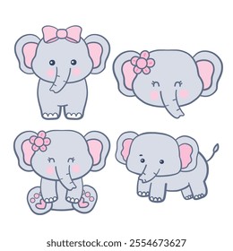 Set of Cute Cartoon Elephant Illustration .