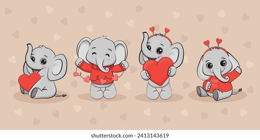 set of cute cartoon elephant with a red heart on colorful  background. Funny elephant.Valentine's day card. Vector illustration