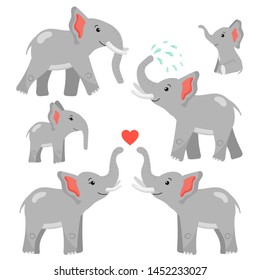 Set of cute cartoon elephants in different poses. African animals. Small baby elephants. Vector illustration. Isolated on white background.