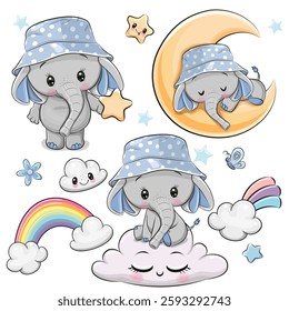 Set of Cute Cartoon Elephants on a white background