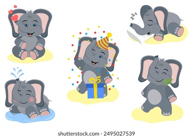 Set of cute cartoon elephants. Playing, sleeping, bathing animals on a white background. Illustration for children's design.