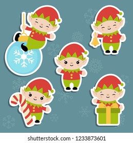 Set of cute cartoon elf. Christmas theme.