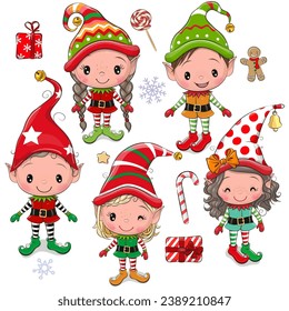 Set of Cute cartoon Elves boys and girls on a white background