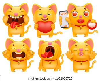 Set of cute cartoon emoticon cat charscters in various poses. Valentine card template. Vector illustration