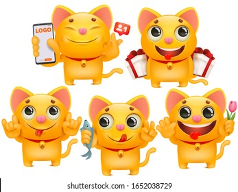 Set of cute cartoon emoticon cat charscters in various poses. Social networks icons. Happy birthday card template. Vector illustration