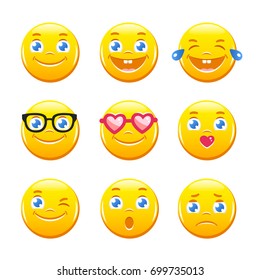 Set of cute cartoon emoticons. Emoji icons vector pack. Yellow smiley faces
