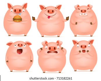 Set of cute cartoon emotional pink pig characters. Vector illustration