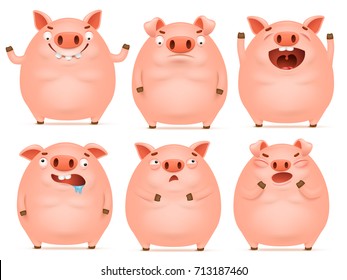 Set of cute cartoon emotional pink pig characters. Vector illustration