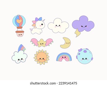 Set of cute cartoon with emotions, Isolated vector illustration, Stickers kit, kawaii style, Flat design, Clouds, Unicorn, Hot air balloon, Sun, Star, Rainbow, Set of Emoticons, Emoji, Smile icons.