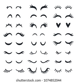 Set Of Cute Cartoon Eyelashes. Open And Closed Hand Drawing Eyes. Isolated On White.