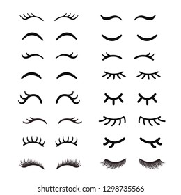 Set Of Cute Cartoon Eyelashes. Open And Closed Hand Drawing Eyes. Isolated On White.