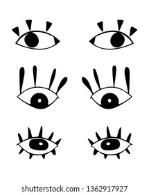 Set of cute cartoon eyes in abstract style. Black graphic drawnig of eyeballs with eyelashes on white background. Trendy modern poster. Minimalism style.