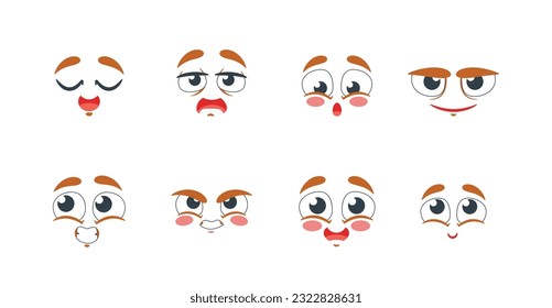 Set of Cute Cartoon Face Emoji. Sad, Tired, Happy, Smile and Bored. Ashamed, Delight and Angry Facial Expression