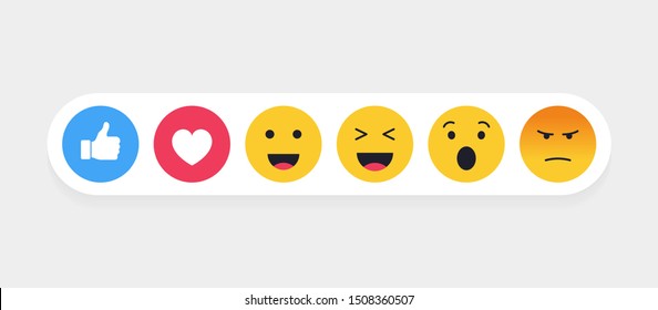 Set of cute cartoon face emoticons. Collection set with different reactions for social network. Modern vector illustration.