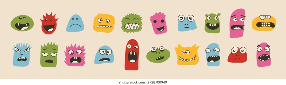 Set of cute cartoon face illustrations with funny expressions in retro 70s style. Hand drawn doodle characters and emoji icons for stickers, posters, social media, branding, and modern projects
