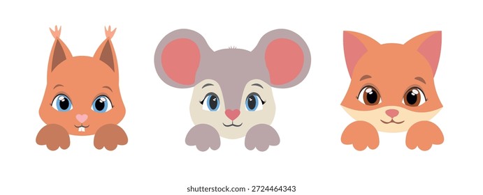  Un conjunto de caras lindas de dibujos animados: una ardilla, un ratón y un gato con grandes ojos y orejas. Una ilustración en color para niños en colores pastel en un estilo plano. Ilustración vectorial