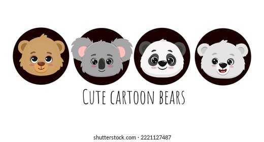 set of cute cartoon faces teddy bear.Panda,koala,polar bear teddy bear.Vector illustration