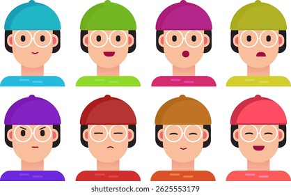 Set of cute cartoon faces wearing colorful hats with various expressions. Flat style design. Emotions include happy, sad, angry, surprised, and calm. Great for emoji or app assets