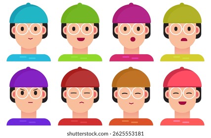 Set of cute cartoon faces wearing colorful hats with various expressions. Flat style design. Emotions include happy, sad, angry, surprised, and calm. Great for emoji or app assets