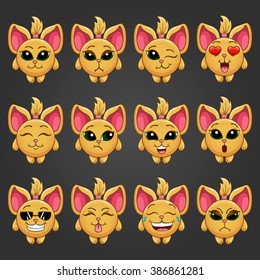 Set of cute cartoon fantastic animal like a cat with different emotions.