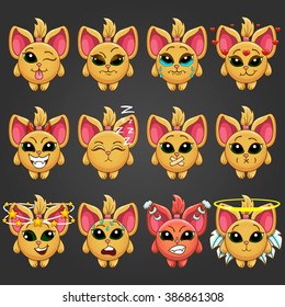 Set of cute cartoon fantastic animal like a cat with different emotions.