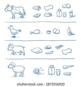 Conjunto de dibujos animados bonitos Animales de granja (vaca, oveja, pollo, cerdo) con los productos que obtenemos de ellos (carne, leche, lana, huevos, plumas, cuero). Ilustración vectorial de doodle dibujado a mano.