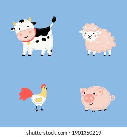 Set of cute cartoon farm animals isolated on blue background.Farm animals and bird in trendy flat style, including cow, sheep, rooster, pig.Vector illustration design for stickers, stripe, embroidery.